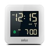 Braun Digitaler Funkwecker Mitteleuropäische Zeitzone (MEZ) mit Schlummerfunktion, Negatives LC-Display, Schnelleinstellfunktion, Crescendo-Alarm in Weiß, Modell BC09W-DCF.
