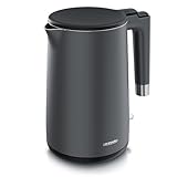 Arendo - Wasserkocher Edelstahl – 1,5 Liter - 2200 Watt – Doppelwand-Design – 360° Controller – BPA-frei – Überhitzungs- und Trockengehschutz - Schwarz Cool Grey Matt