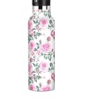 Trinkflasche für Kinder mit Strohhalm, Wasserflasche aus Edelstahl für Reisen oder Schule, 590 ml, BPA-frei, Blumen-zarte rosa Rosen