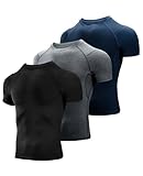 Niksa 3 Stück Kompressionsshirt Herren,Laufshirt Herren Kurzarm mit Unterarm Mesh kurzärmliges Funktionsshirt Atmungsaktiv Sportshirt Männer für Running Workout Fitness Schwarz,Grau,Marine,M