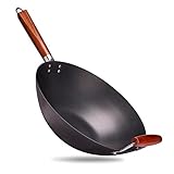 Bissfest Traditioneller Carbon Wok | 36 cm Durchmesser | Wokpfanne mit flachem Boden, für alle Herdarten geeignet | Aus Carbonstahl, schnelle Hitzeentwicklung und mit Holzgriff