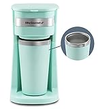 Elite Gourmet EHC113M# Einzelportions-Filterkaffeemaschine, kompakt, persönlich, mit Thermo-Reisebecher aus Edelstahl im Inneren, für gemahlenen Kaffee, wiederverwendbarer Filter, mintgrün, 400 ml