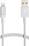 Amazon Basics Verbindungskabel Lightning auf USB-A, Nylon-umflochten, MFi-zertifiziertes Ladekabel für iPhone, Silber, 0.9 m