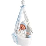 Llorens 1074005 Babypuppe mit blauen Augen und weichem Körper, Puppe inkl. Outfit mit Zipfelmütze, Schnuller, Schnullerkette und kuscheliger Hängewiege, 42cm