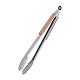 Relaxdays Grillzange, Edelstahl, Holzgriff, lange Kochzange für Grill & Küche, 38 cm, Küchenzange mit Öse, silber/natur