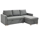 HOMCOM Ecksofa, 3-Sitzer, ausklappbar, Ottomane, wendbar, mit integrierter Aufbewahrungsbox, Füllung aus hochdichtem 24D-Schaumstoff, Polyestergewebe, Leinenoptik, grau