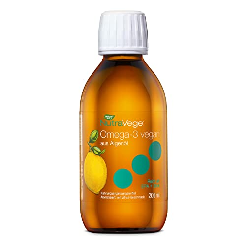 NutraVege Algenöl Omega 3 vegan - Premium Qualität Omega 3 für Kinder ab 4 Jahren und Erwachsene mit Zitrus Geschmack - (300 mg DHA/150 mg EPA je 5ml) – 200 ml