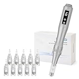 Derma Pen mit LED Licht, Dermapen mit LCD und 6 stufen, Elektrisch Dermapen mit 10 Stk Patronen (11/16/24/36/Nano) für Gesicht und Körper, Grau
