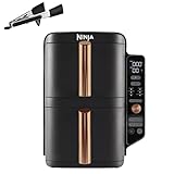 Ninja Double Stack XL Heißluftfritteuse, 2 vertikale Schubladen, 4 Kochstufen, 2 Einschübe, platzsparendes Design, 9,5 L Fassungsvermögen, 6 Funktionen, 8 Portionen, Zange, Schwarz/Kupfer SL400EUCP