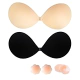 Klebe BH Push-Up, BH-Rückenfrei Trägerloser, Klebe Große Brust Push-Up, Trägerloser Sticky Bra, Ohne Träger Unsichtbarer, Invisible Bra 2Stück mit 4Pcs Nippelpads-D