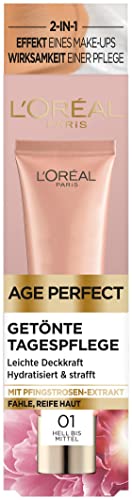 L'Oréal Paris Getönte Tagespflege für einen strahlenden Teint, Ausgleichende Gesichtscreme mit Pfingstrosen-Extrakt, Age Perfect, 01 Hell bis Mittel, 1 x 30 ml
