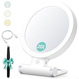 B Beauty Planet Vergrößerungsspiegel mit Licht, 20-fache/1-fach Doppelseitige Tischspiegel,3 Farblichter, DimmbarerSchminkspiegel,Reisen Kosmetik Spiegel mit Beleuchtung,Weiß
