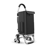 Einkaufstrolley aus Aluminium, leicht, zusammenklappbar, mit isolierter Kühltasche, Treppensteigen, Lebensmittelwagen, 6 Räder, 36 l Fassungsvermögen, Schwarz