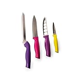 Tupperware Messer Set Essential-Serie (4) Brotmesser Violett + Küchenmesser Pink + Käsemesser Lila + Gemüsemesser Gelb (inkl. Eidgenossen Plus 350 ml)