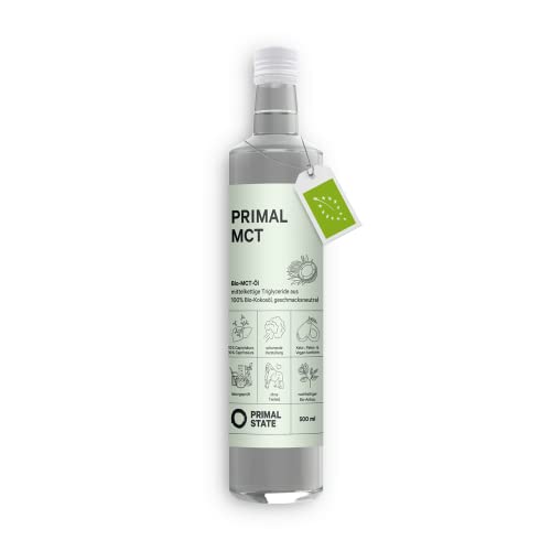 Primal State® Bio MCT Öl [500ml] | inkl. Ausgießer in Glasflasche | 70% Caprylsäure und 30% Caprinsäure aus 100% Bio Kokosöl