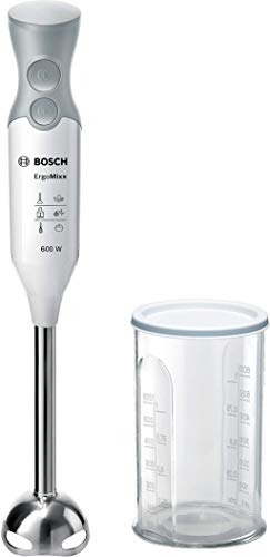 Bosch Stabmixer ErgoMixx MSM66110, Edelstahl-Mixfuß, Mix- und Messbecher, 2 Geschwindigkeitsstufen, leichtes Gehäuse, 4-Klingen-Messer, einfache Reinigung, 600 W, weiß/grau