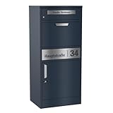 Graviers Design Paketbriefkasten mit Brieffach personalisiert freistehend - Edelstahl Namensschild Hausnummer Laserschnitt Gravur - pulverbeschichteter Briefkasten Postbox Paketbox Design 1