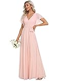 Ever-Pretty Damen Ballkleider Gürtel Lang A-Linie Empire Kurze Ärmel V-Ausschnitt Chiffon Elegant Rosa 40EU