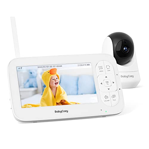 Babycozy Video Babyphone mit Kamera, 5' Video Baby Monitor 720PHD Display, 5000mAh Akku, Remote-PTZ, Nachtsicht, Bidirektionale Kommunikation, Wiegenlieder, Zoom, Raumtemperaturüberwachung