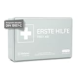 Verbandkasten C nach neuer DIN 13157:2021, mit Wandhalterung/Wandmontage, Betriebsverbandkasten/Erste-Hilfe-Kasten für Betriebe, Büro & Baustelle gemäß ASR, grau (Sonderpreis wegen verkürztem MHD)