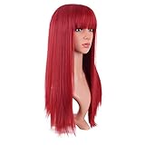 MapofBeauty 22 Zoll/56 cm Frauen lange gerade flache Pony Kunsthaar hitzebeständiges Faserhaar für Party Cosplay Perücke (rot)