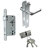 BKS Zimmertür/Wohnungstür/Badezimmer Komplett Set, inclusive Aluminium Schild Beschlag (PZ Schließzylinder, DIN LINKS, Langschild 215mm x 40mm)
