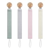 DOUUCO 4er Pack Schnullerkette Stoff, Schnullerketten mit Buchenholz Clip, Schnullerband Stoff für Jungen & Mädchen, Personalisiert Nuckelketten für Kinderwagen Hochstuhl Zubehör