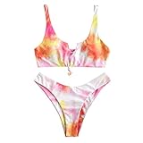 Bikinis Damen 2020 Push-Up Sexy Tie-Dye Tanga Badeanzug Unterbrust 2-teilig mit Füllung BH Tops und Höschen Strandkleidung, Schwarz L