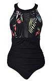 VILOREE Damen Schlankheits Badeanzug Raffung Einteiler High Neck Bademode Strandmode Blumen #2 XL