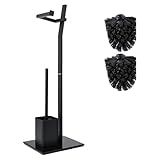 WC-Set - Schwarz - 22 x 18 x 70 cm - Toilettenpapierhalter und Toilettenbürste INCL. - Edelstahl - Basis aus Glas - Plus: 1 + 2 Ersatzbürstenköpfe