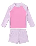 Borlai Mädchen 2 Stück Rash Guard Badeanzug mit Langen Ärmeln Tankini für Pink Stripe 9-10 Jahre