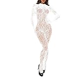 Stützstrümpfe Halterlos Spitzen-Bodysuit für Damen mit Langen Ärmeln, ausgehöhltes Design, Elegantes Blumenmuster, perfekt für Nachtwäsche und Partys Korselett Mit Strumpfhalter (White, One Size)
