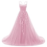 Elegante Spitze Ballkleider Lange Spaghettiträger Korsett Formal Abendkleid für Frauen Ballkleid Party RO046, Pink, 38