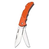 DMAX® Hunting Pocket Knife Duo - klappbares Jagdmesser mit Säge - Jagd Taschenmesser mit Kunststoff-Griff orange - Zweihand Backlock Klappmesser mit Gürtel-Tasche - coole Geschenk-Idee für Männer