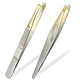 Sularpek Schräge Pinzette, Set mit 2 Pinzetten aus Edelstahl, Präzision, Zupfen von Augenbrauen, Entfernen von Splittern, Vergoldet, 87mm für Damen und Herren