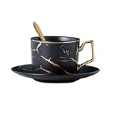 MYKAGS 200 ml Cappuccinotasse aus Keramik mit stapelbarer Untertasse, schwarzes Marmormuster, moderne Kaffeetassen, Cappuccino-Set, Teetassen-Set, ideal für Cappuccino, Latte, Americano, Tee