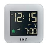 Braun Digitaler Funkreisewecker für die mitteleuropäische Zeitzone (DCF) in kompakter Größe mit Schlummerfunktion, negativem LCD-Display, Schnelleinstellung und Alarm-Piepton Grau, Modell BC08G-DCF.