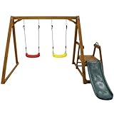 Kinder-Doppelschaukel, Outdoor-Kinderschaukel aus Holz, Gartenschaukel, Outdoor-Schaukelgestell aus Massivholz mit 2 Schaukelsitzen und 1 Rutsche und Leiter