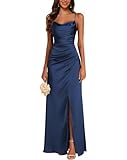 JAEDEN Satin Brautjungfernkleider Spaghettiträger Ballkleider Lang mit Schlitz Meerjungfrau Falte Abendkleid Marineblau 34