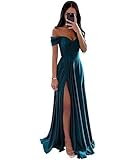ECDAHICC Schulterfreies Brautjungfernkleid Für Damen Satin Langer Schlitz Elegantes Formelles Abendkleid A-Linie Hochzeits und Partykleid TE-S