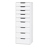 FOREHILL Kommode weiß mit 9 Schubladen, Schubladenschrank schmal, Hochkommode für Schalfzimmer, Wohnzimmer, Büro, Flur, 45 x 40 x 124 cm