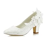 JIAJIA 62311 Damen Brautschuhe Closed Toe 7cm Chunky Heel Spitze Satin Pumps Satin Blume Hochzeitsschuhe Farbe Elfenbein,Größe 41 EU (7 UK)