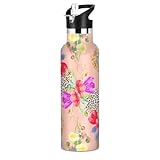 Kinder-Wasserflasche mit Strohhalm für Schule, 590 ml, vakuumisolierte Wasserflasche für Reisen oder Schule, BPA-frei, lebendige bunte Blumen, Leopardenmuster