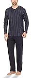Moonline - Herren Schlafanzug lang aus 100% Baumwolle mit V-Ausschnitt und Streifen-Design, Farbe:Streifen-Druck auf Navy, Größe:4XL