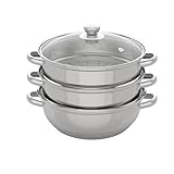 JJsdwin 3 Etagen Edelstahl Dampfgarer Topf, 28 cm Kartoffeldämpfer Mit Glasdeckel Spülmaschinen Geeignet, Dampftopf für Induktionsherd, Elektrische Keramikherde, Silber