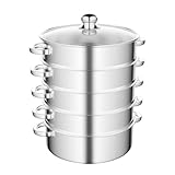 Konfiur Dampfgarer Topf 5 Lagiger, Mantowarka Induktion Edelstahl Gemüsedämpfer mit 1 Pfanne und 4 Dämpfern, Schongarer mit Glasabdeckung Dämpfer Kochtopf (Silber, 30cm/12Zoll)