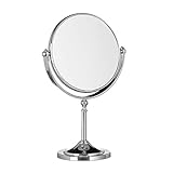 Relaxdays Kosmetikspiegel Vergrößerung, Schminkspiegel stehend, Make Up Spiegel rund, zweiseitig HBT: 28x18x10cm, silber