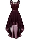 Berylove Damen Kleid für Abschluss Hochzeit Elegant Spitzenkleid Vokuhila Cocktailkleid Ärmellos Abendkleid Chiffon Brautjungfernkleid Burgund BLP7035 Burgundy M