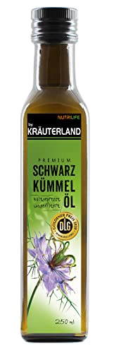 Kräuterland Schwarzkümmelöl 250ml - 100% pur, ungefiltert, schonend kaltgepresst, vegan - Frischegarantie: täglich mühlenfrisch direkt vom Hersteller