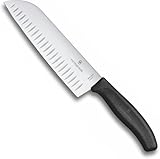 Victorinox Swiss Classic, Profi Santokumesser, Extra Scharfe Klinge, Kullenschliff, 17 cm, Kunststoffgriff, Rostfreier Stahl, Schwarz